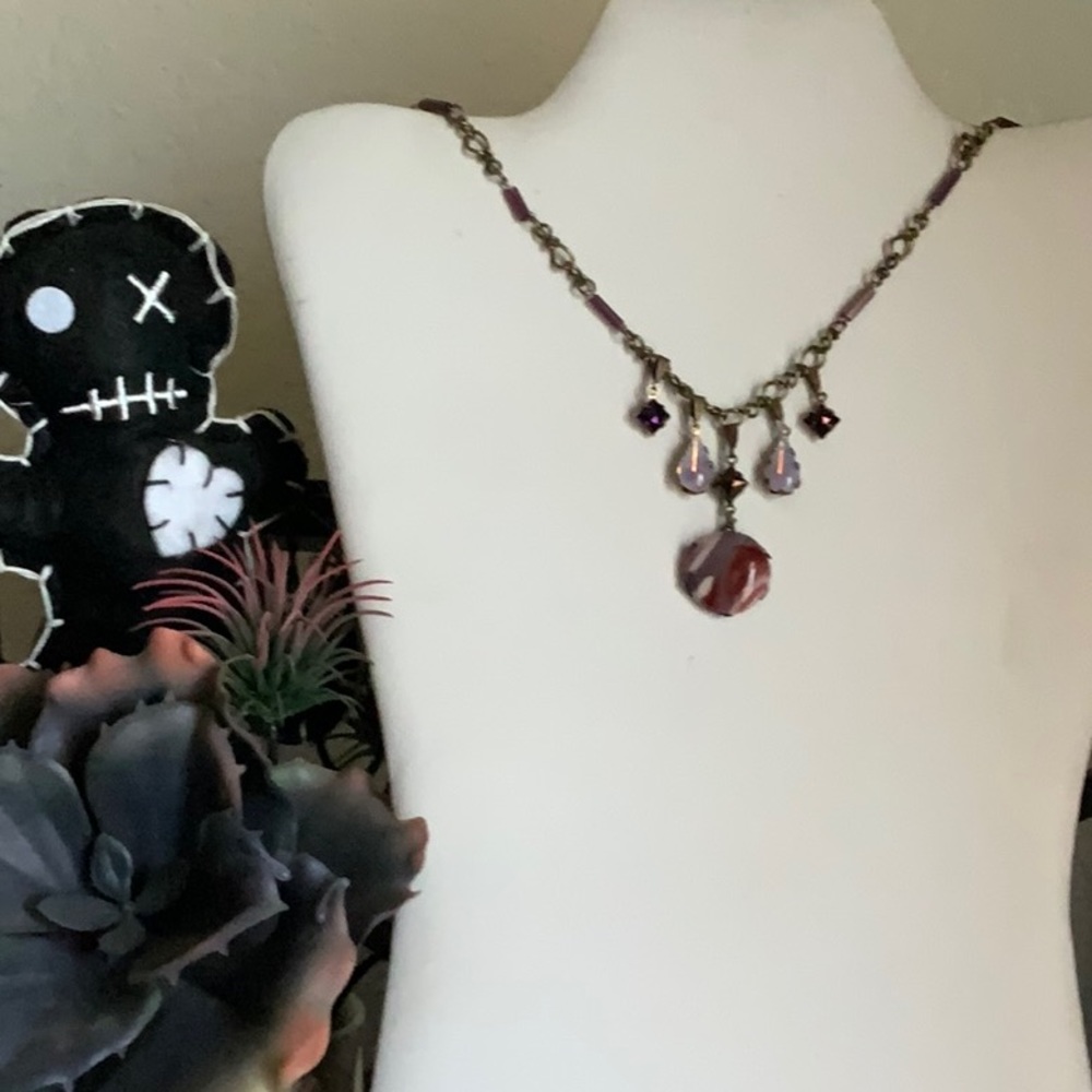 Authentic Jasper Sabrina Teardrops and Purple AB Gem Drops on Brass Bar Chain